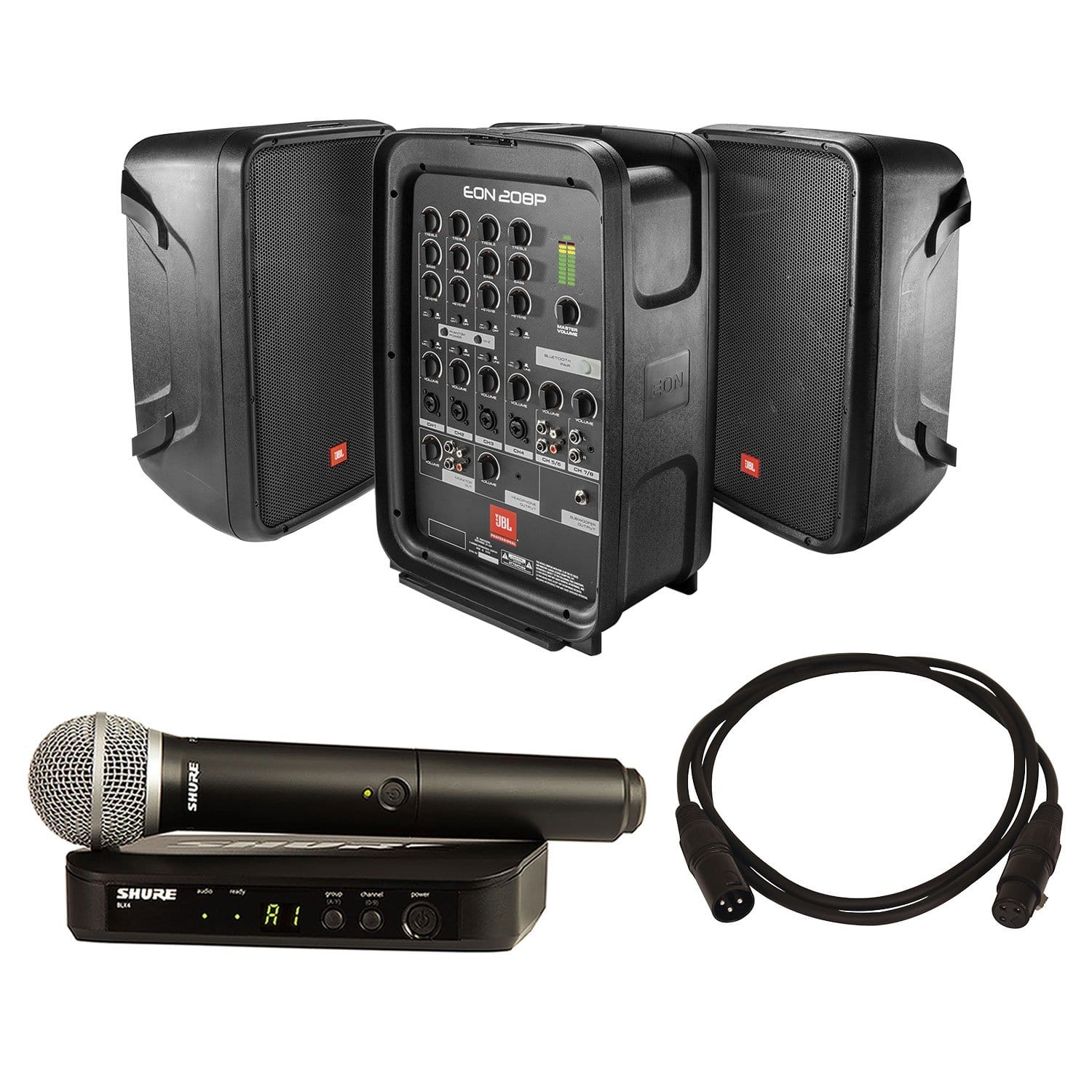 JBL EON208P Portable PA System with Shure BLX24 PG58 Mic System