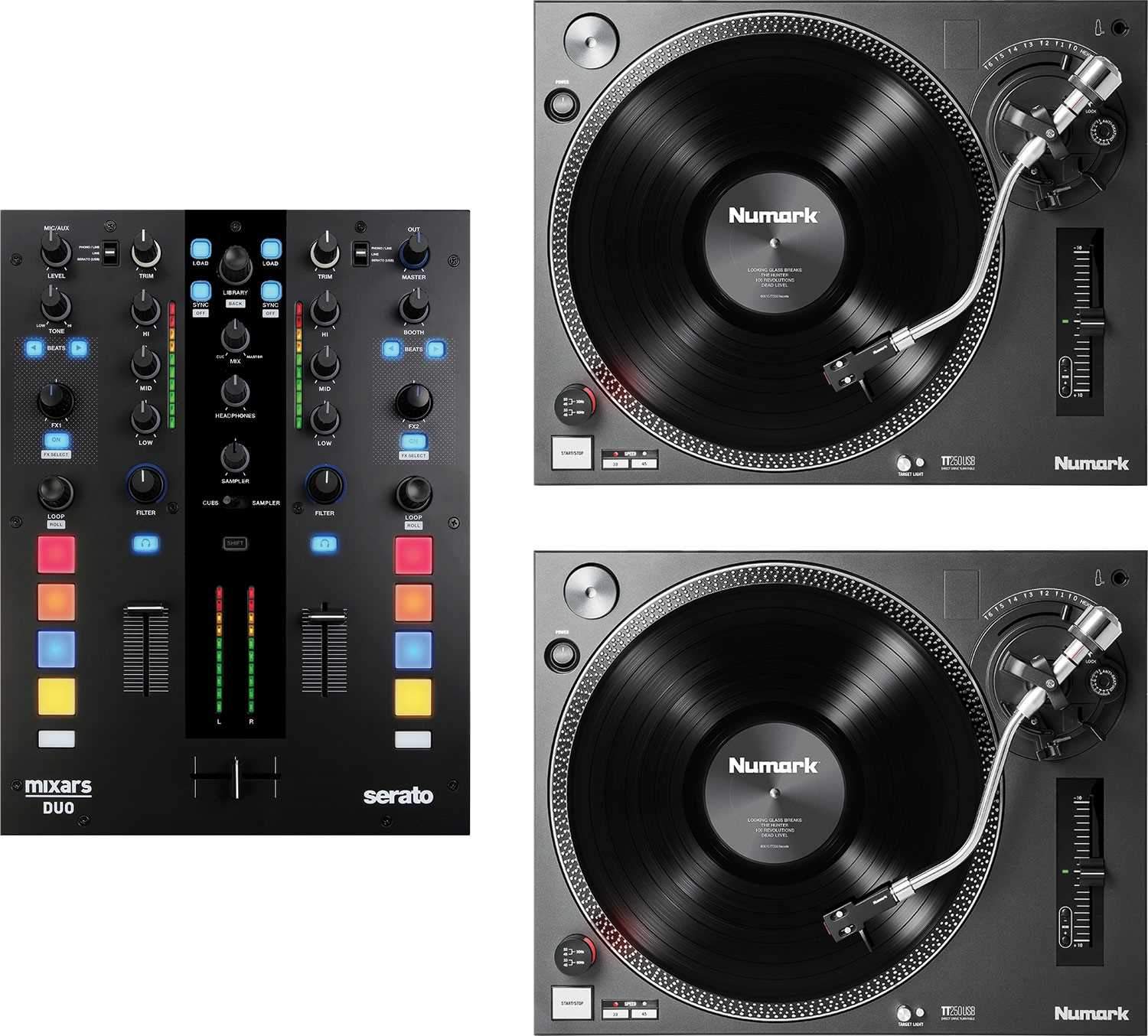 Mixars DUO DJ Mixer for Serato with 2 Numark TT250USB Turntables - ProSound and Stage Lighting