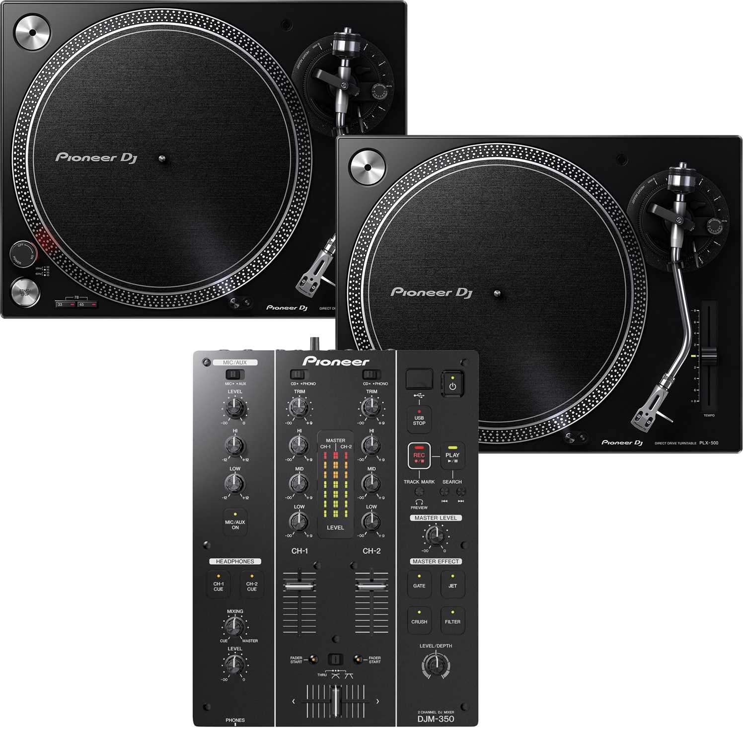 Pioneer DJ DJM-350 DJ Mixer with (2) PLX-500 Turntables PSSL ProSound and Stage Lighting