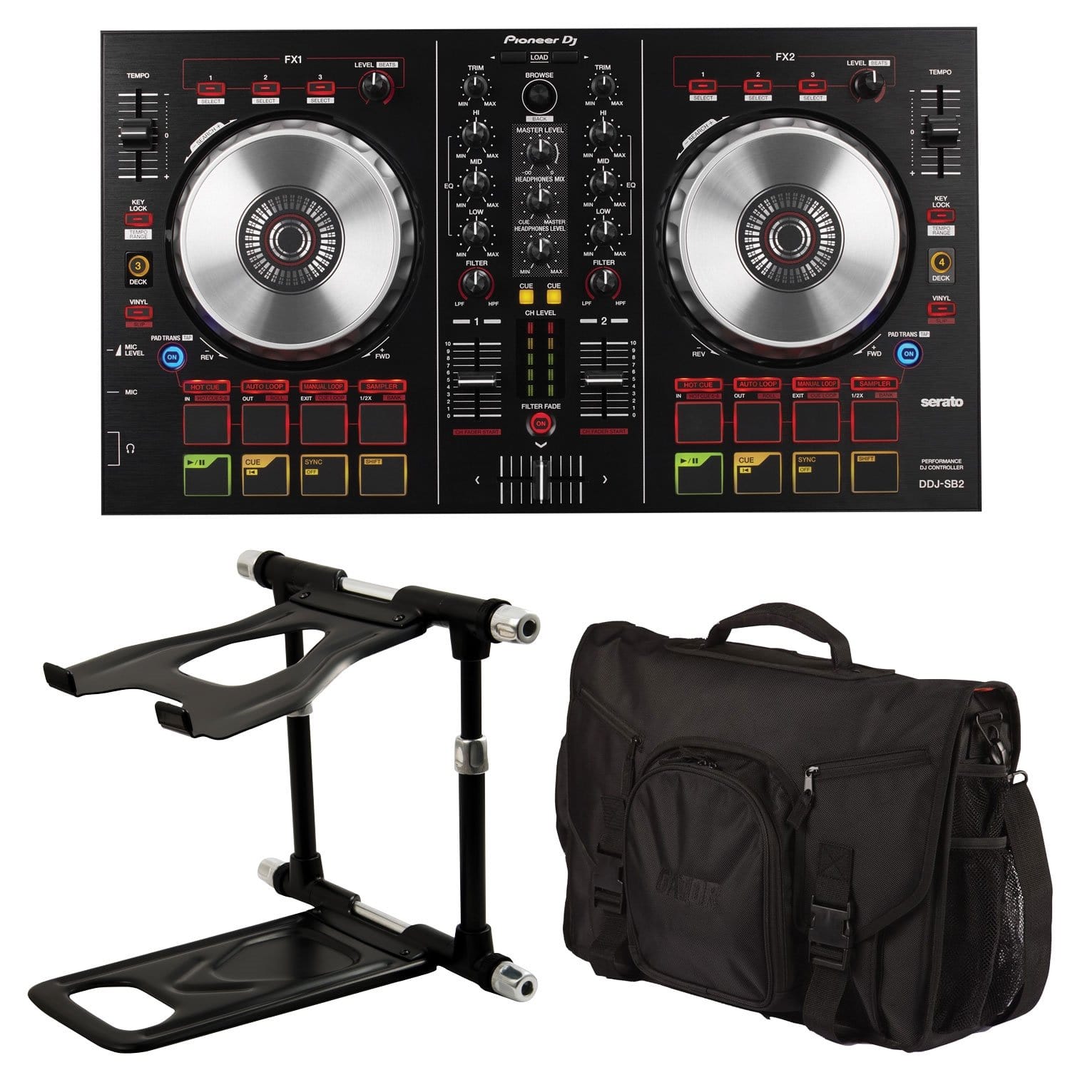 Pioneer DJ DDJ-SB2 DJ Controller with Gator Bag and Crane Stand Elite