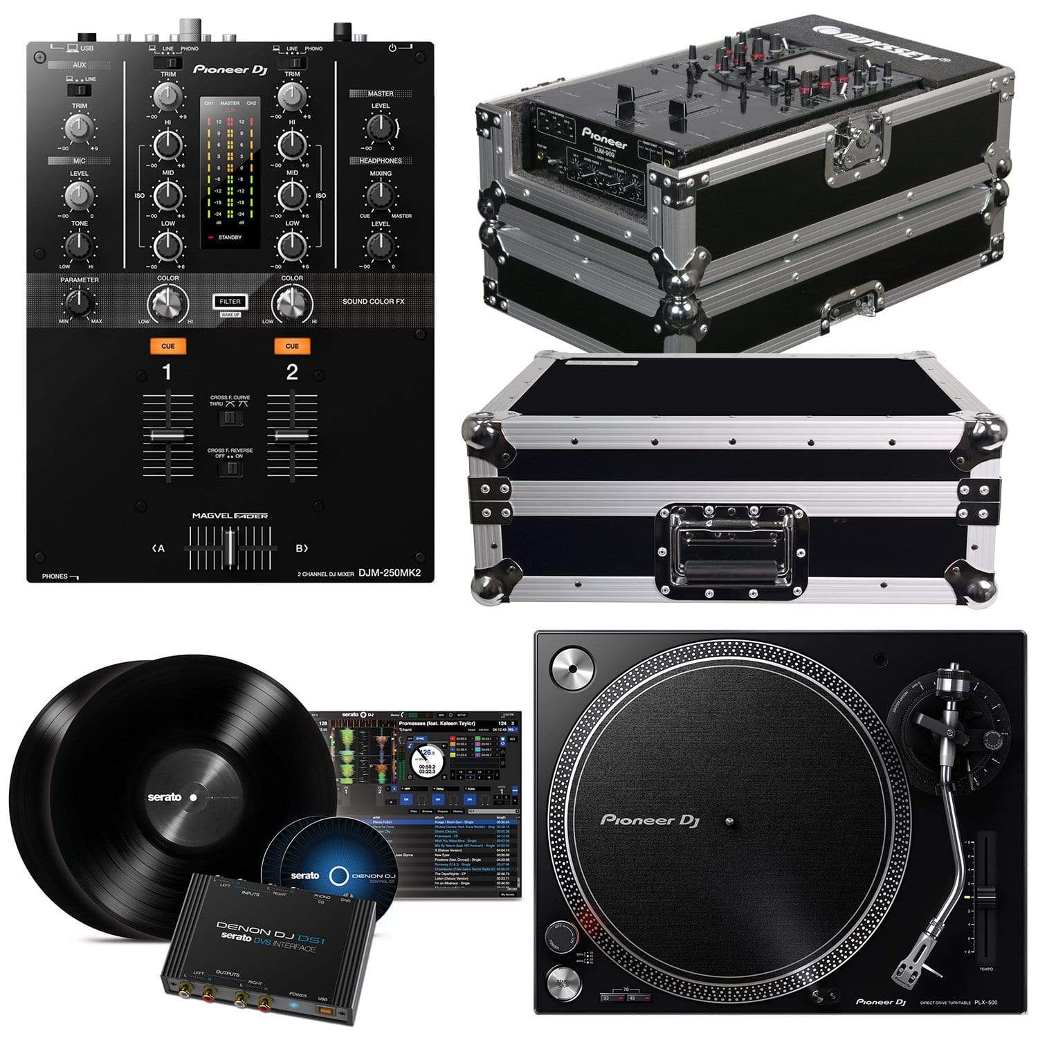 Pioneer DJ DJMMK2 DJ Mixer with PLXK Turntable and Denon