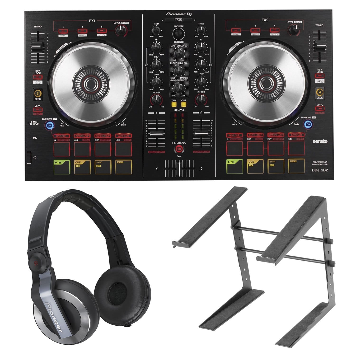 Pioneer DJ DDJ-SB2 DJ Controller with HDJ-500 Headphones and Laptop Stand