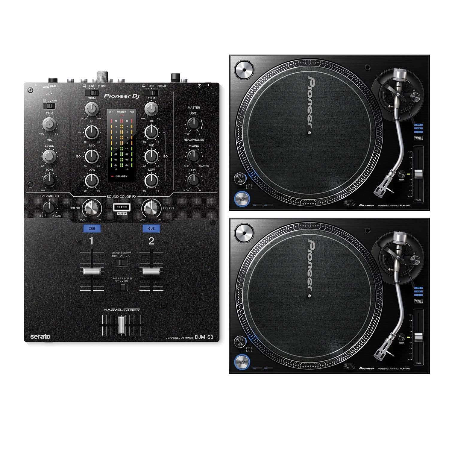 Pioneer DJ DJM-S3 Mixer for Serato DJ and PLX1000 Turntable Pair