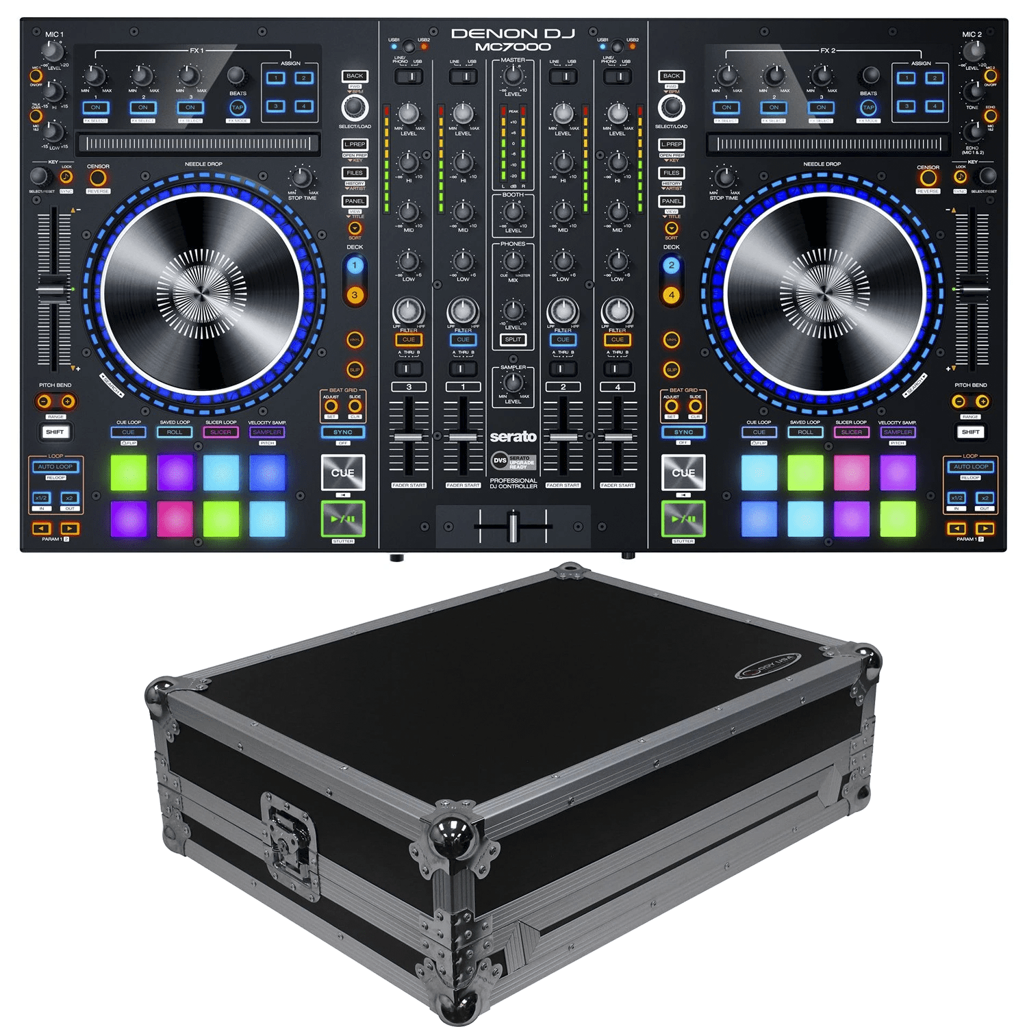 Denon DJ MC7000 4-Channel Serato DJ Controller with Odyssey Flight Case - ProSound and Stage Lighting