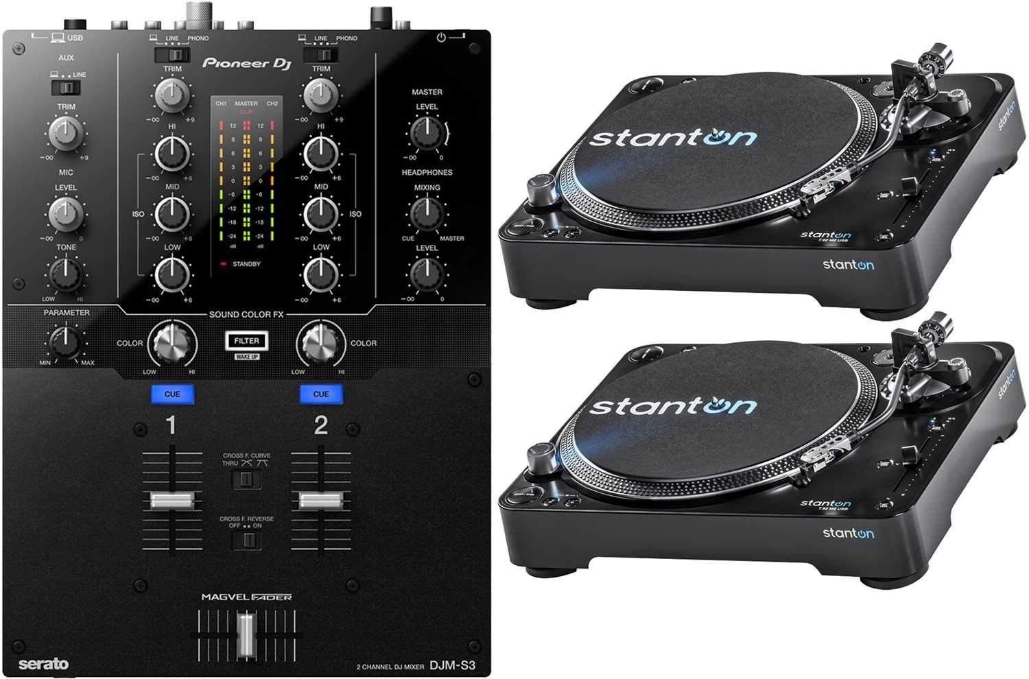 Pioneer DJ DJM S3 2 Channel Mixer for Serato DJ with Stanton Turntables