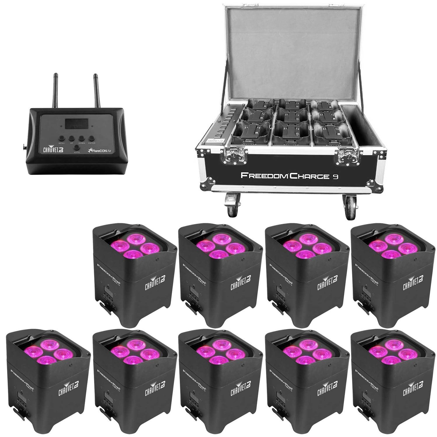 Chauvet Freedom Par Hex Wash Light 9-Pack with FlareCON Air Transmitter & Case - PSSL ProSound and Stage Lighting