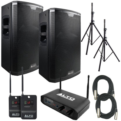 Alto Professional Black 12 Powered Speakers (2) with Stealth Wireless System & Stands - PSSL ProSound and Stage Lighting