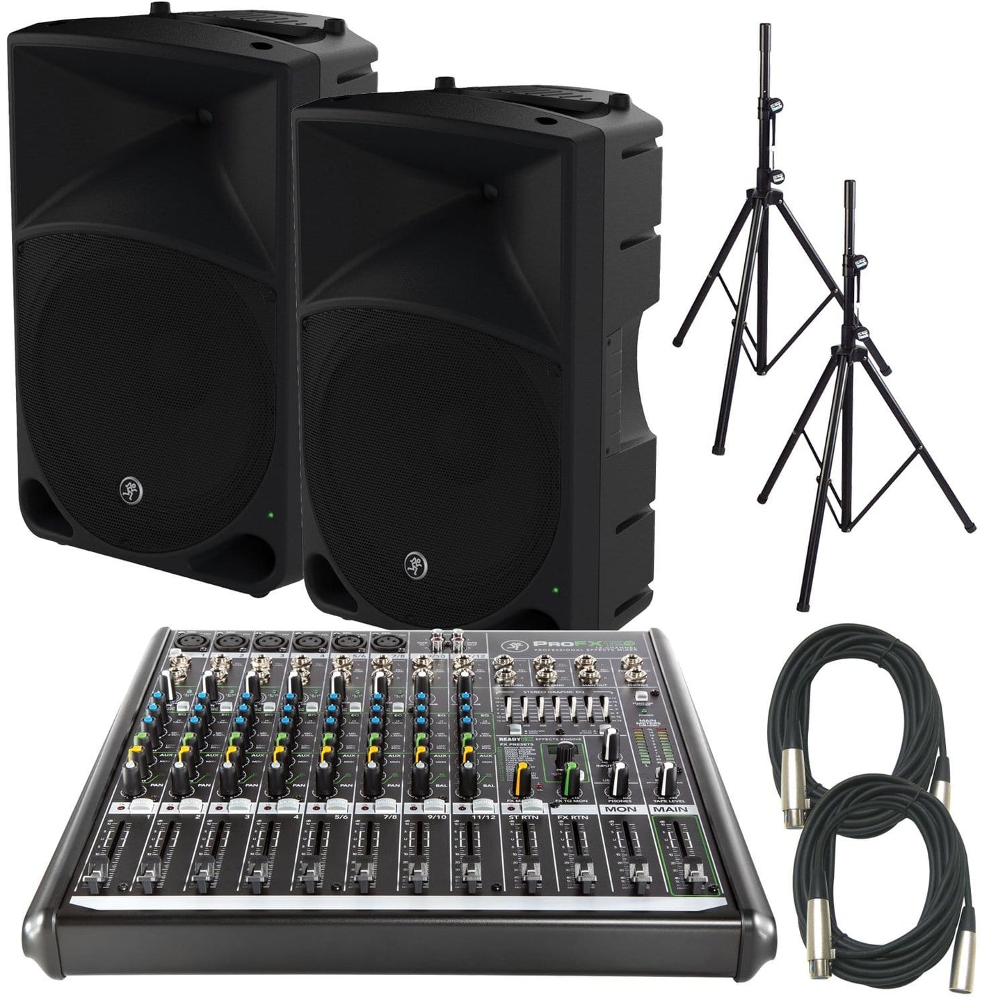 Mackie Thump 15 Powered Speakers (2) with ProFX12V2 Mixer & Stands - PSSL ProSound and Stage Lighting