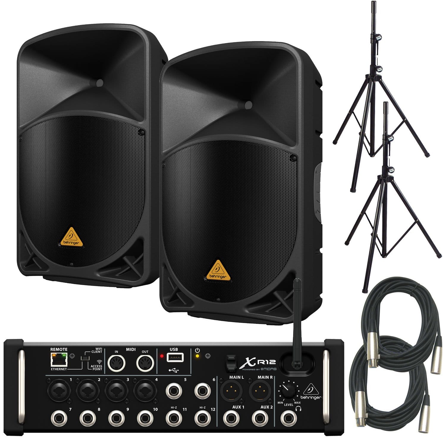 Behringer XR12 Digital Mixer & (2) B115W Powered Speakers with Stands