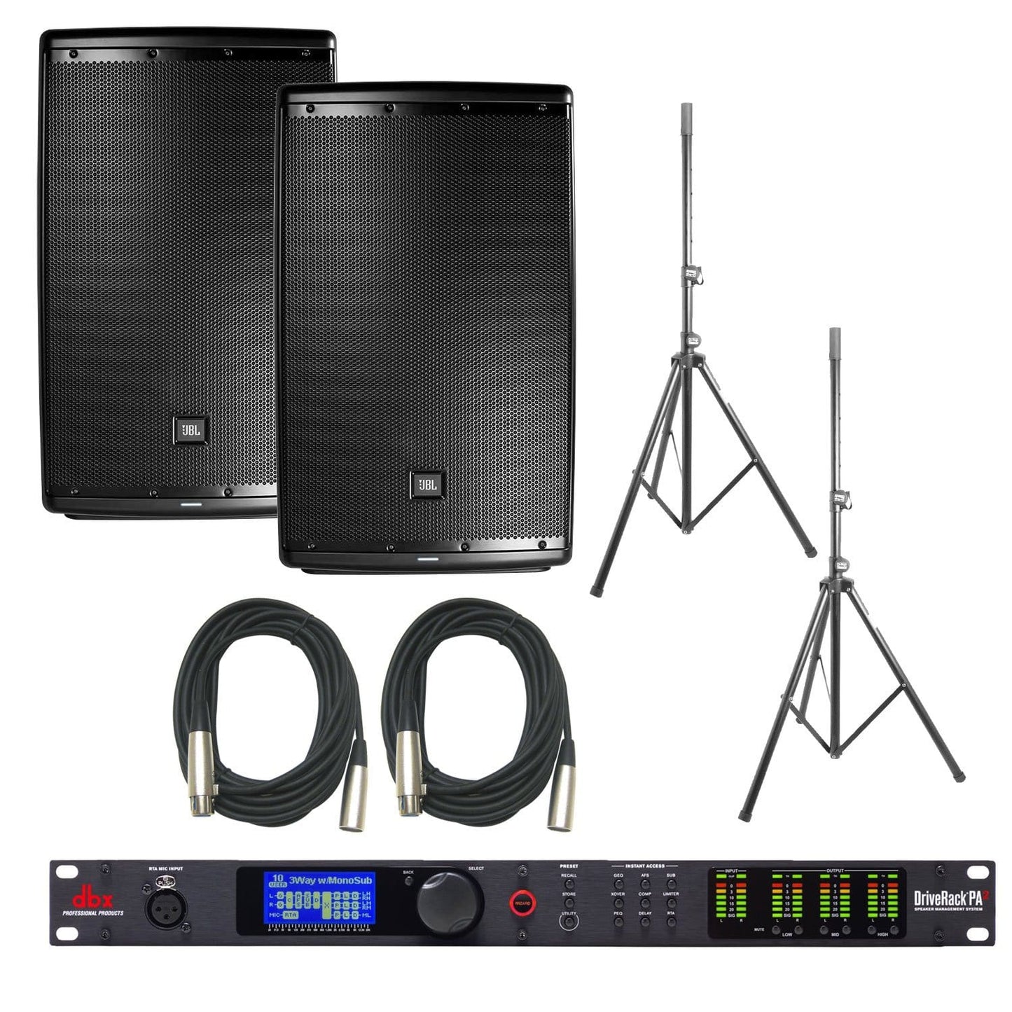 JBL EON615 Powered Speakers (2) with dbx DriveRack PA2 & Stands - PSSL ProSound and Stage Lighting