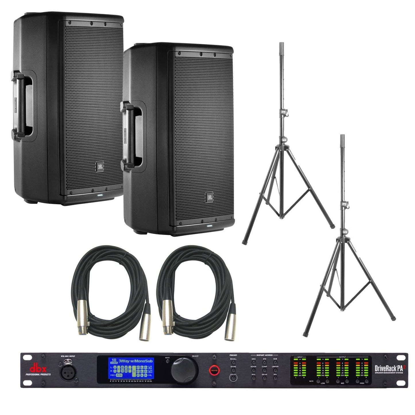 JBL EON612 Powered Speakers (2) with dbx DriveRack PA2 & Stands - PSSL ProSound and Stage Lighting