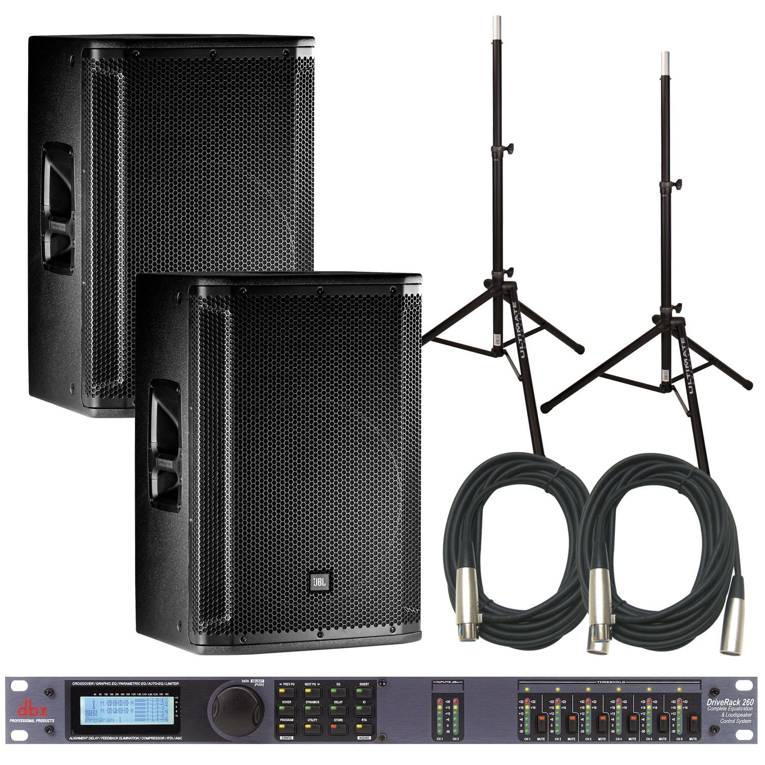 JBL SRX815P Powered Speakers (2) with dbx DriveRack 260 & Stands - PSSL ProSound and Stage Lighting