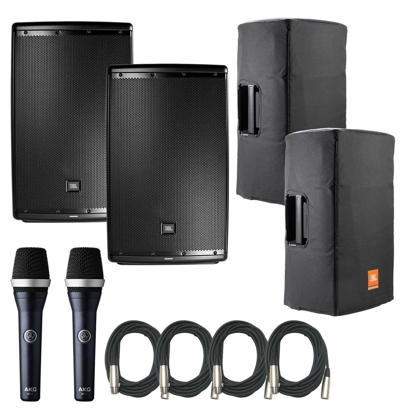 JBL EON615 Powered Speakers (2) with Covers & (2) AKG D5C Microphones - PSSL ProSound and Stage Lighting