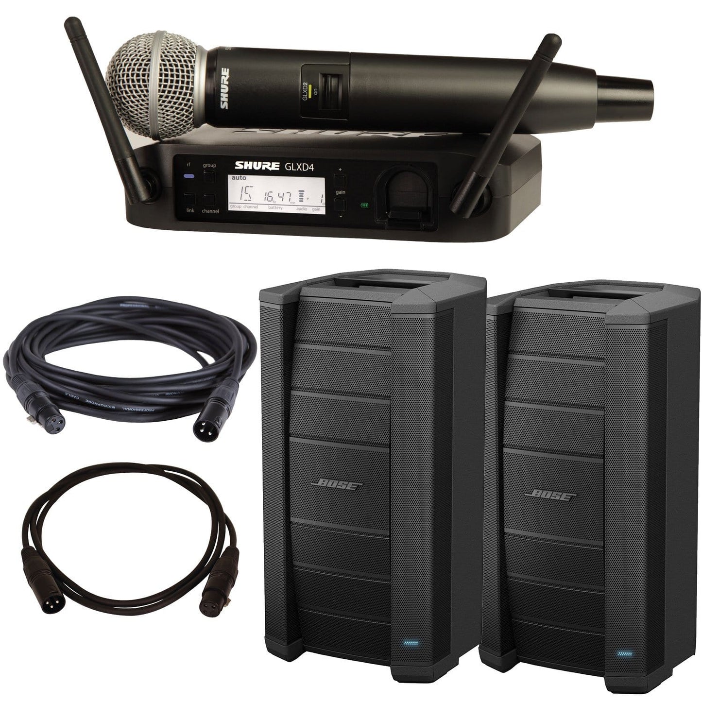 Bose F1 812 Powered Speakers Pair with Shure GLXD24-PG58 Wireless Mic - PSSL ProSound and Stage Lighting