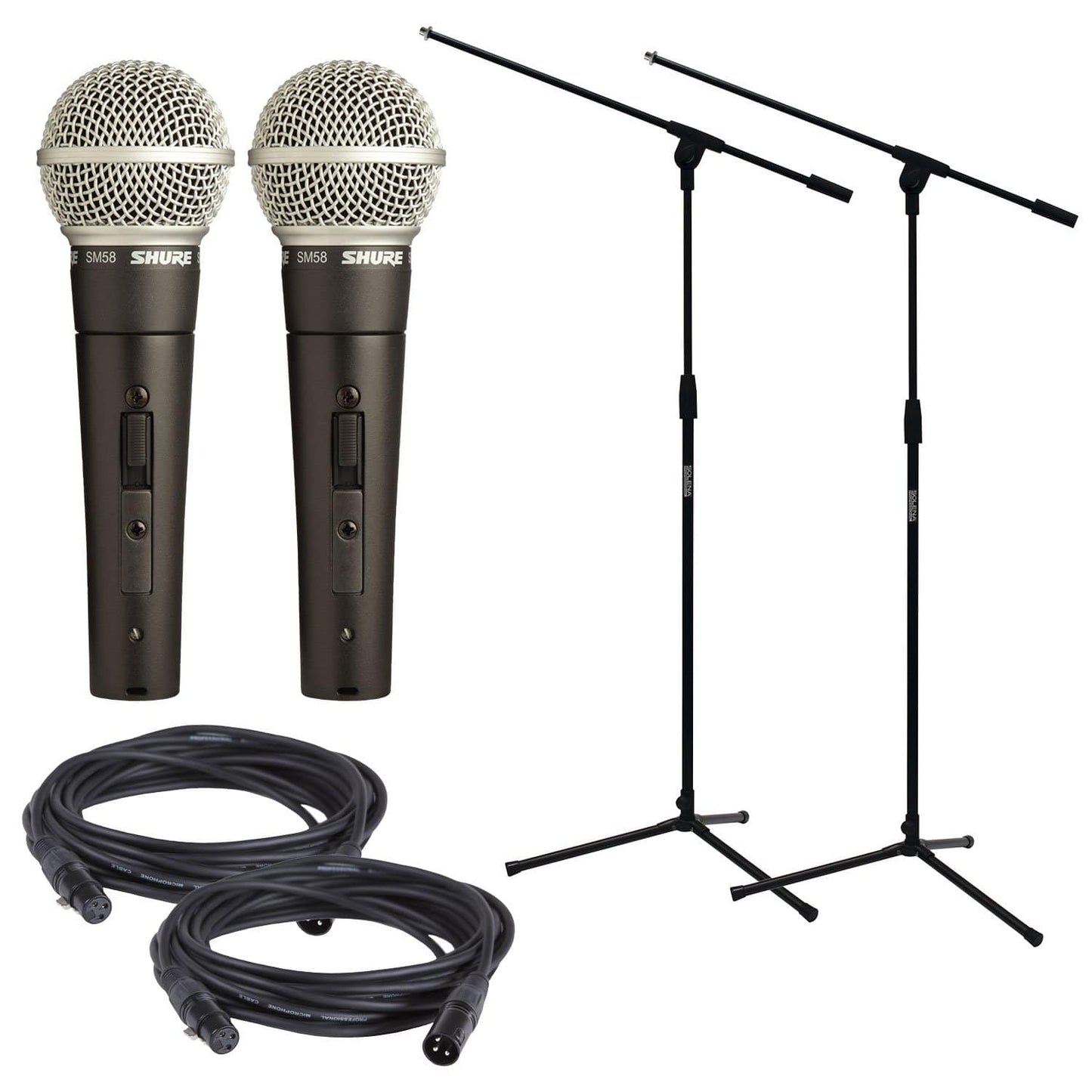 Shure SM58 Mic with On/Off Switch Pair plus Stands & Cables - ProSound and Stage Lighting
