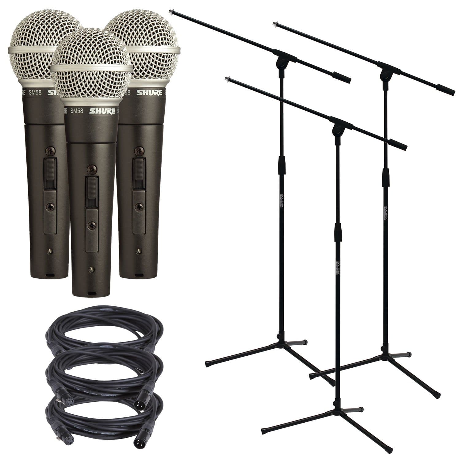 Shure SM58 Mic with On/Off Switch 3-Pack plus Stands & Cables - ProSound and Stage Lighting
