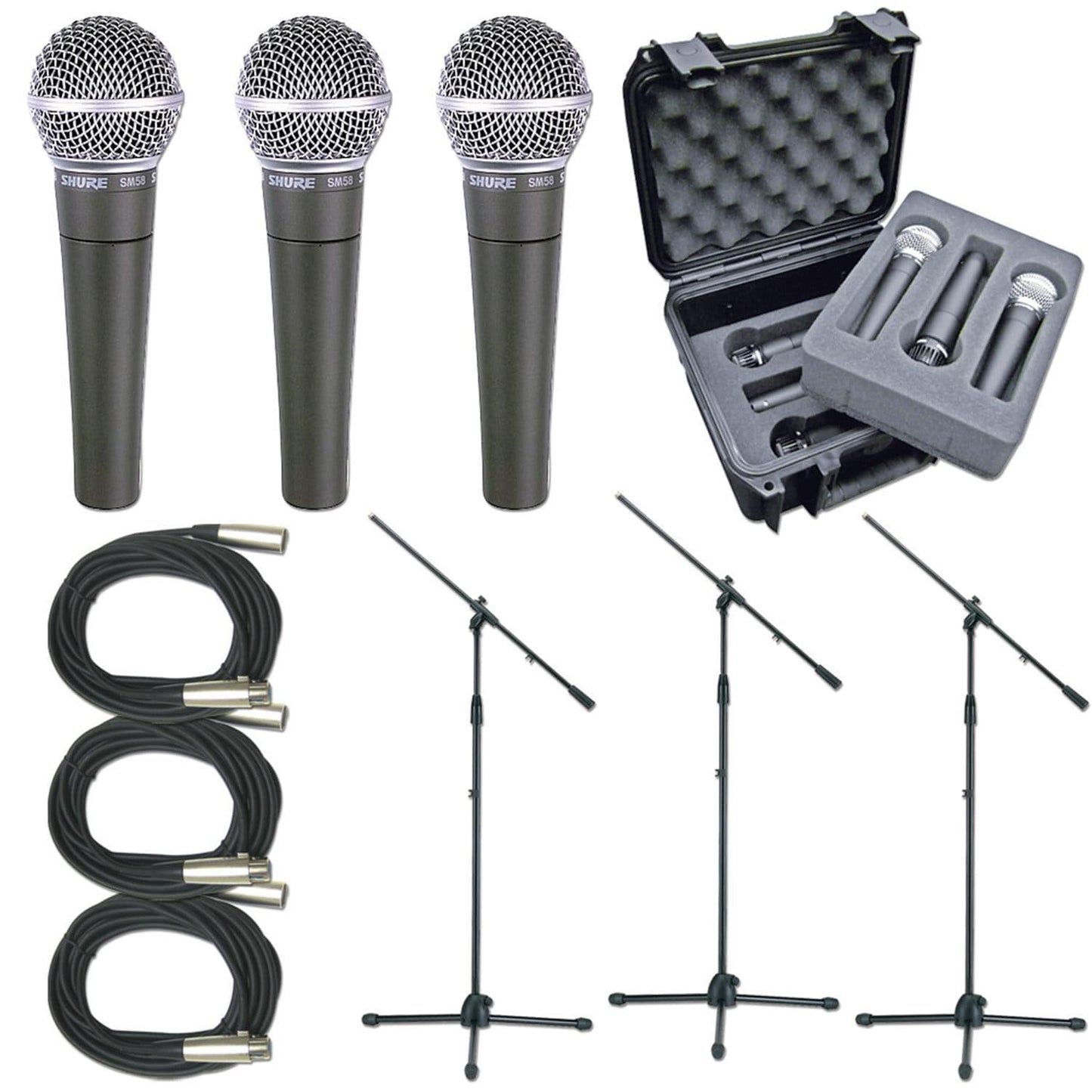Shure 3 x SM58 Mic Pack with Stands Cables Case - ProSound and Stage Lighting