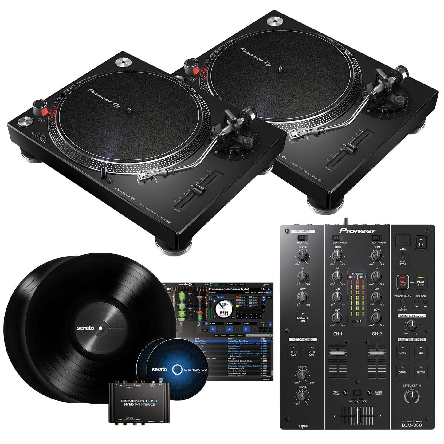 Complete Serato DJ System with Pioneer DJ DJM-350 Mixer and (2) PLX-500-K Turntables | PSSL and Stage Lighting