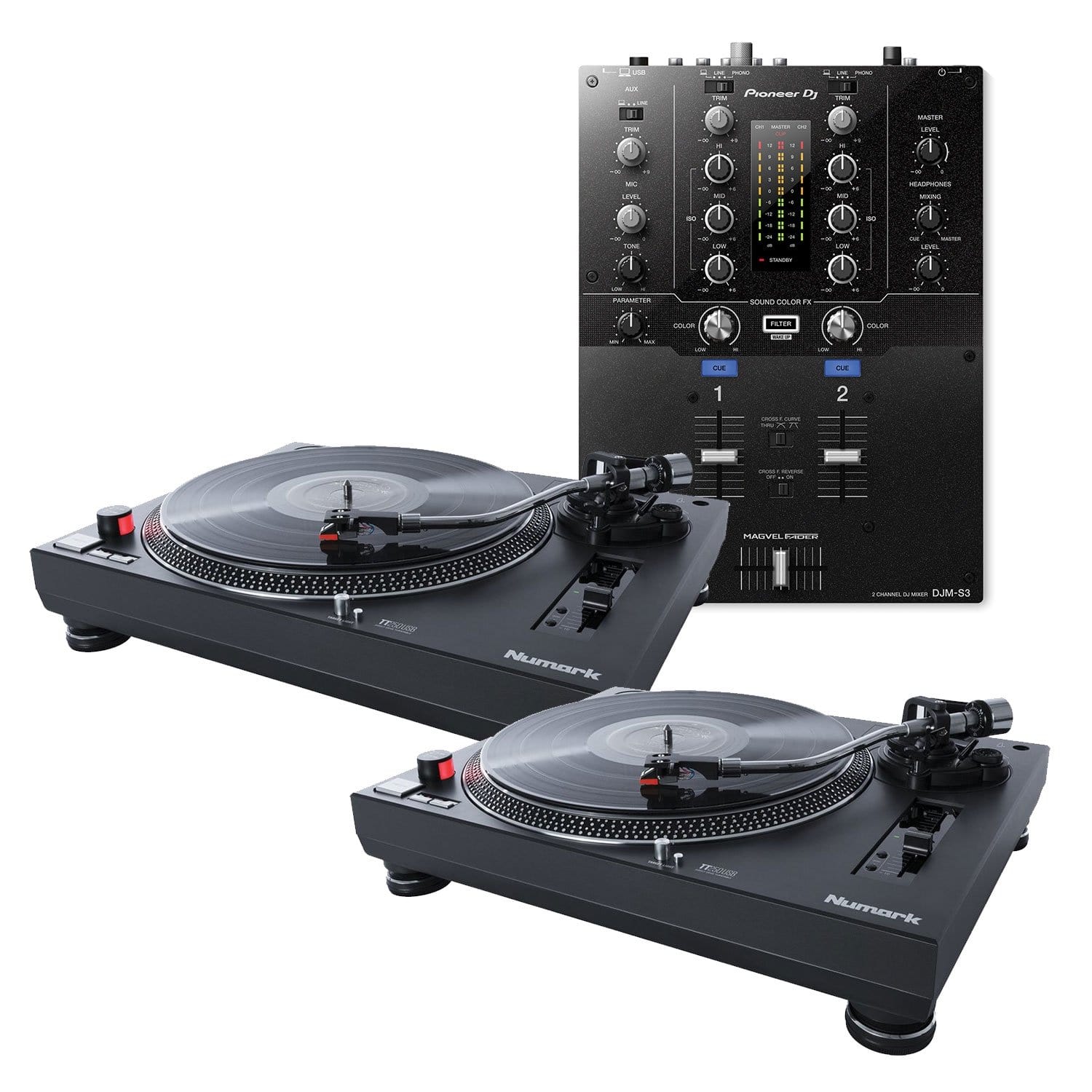 Pioneer DJM-S3 Mixer for Serato DJ & Numark TT250USB Turntables - ProSound and Stage Lighting