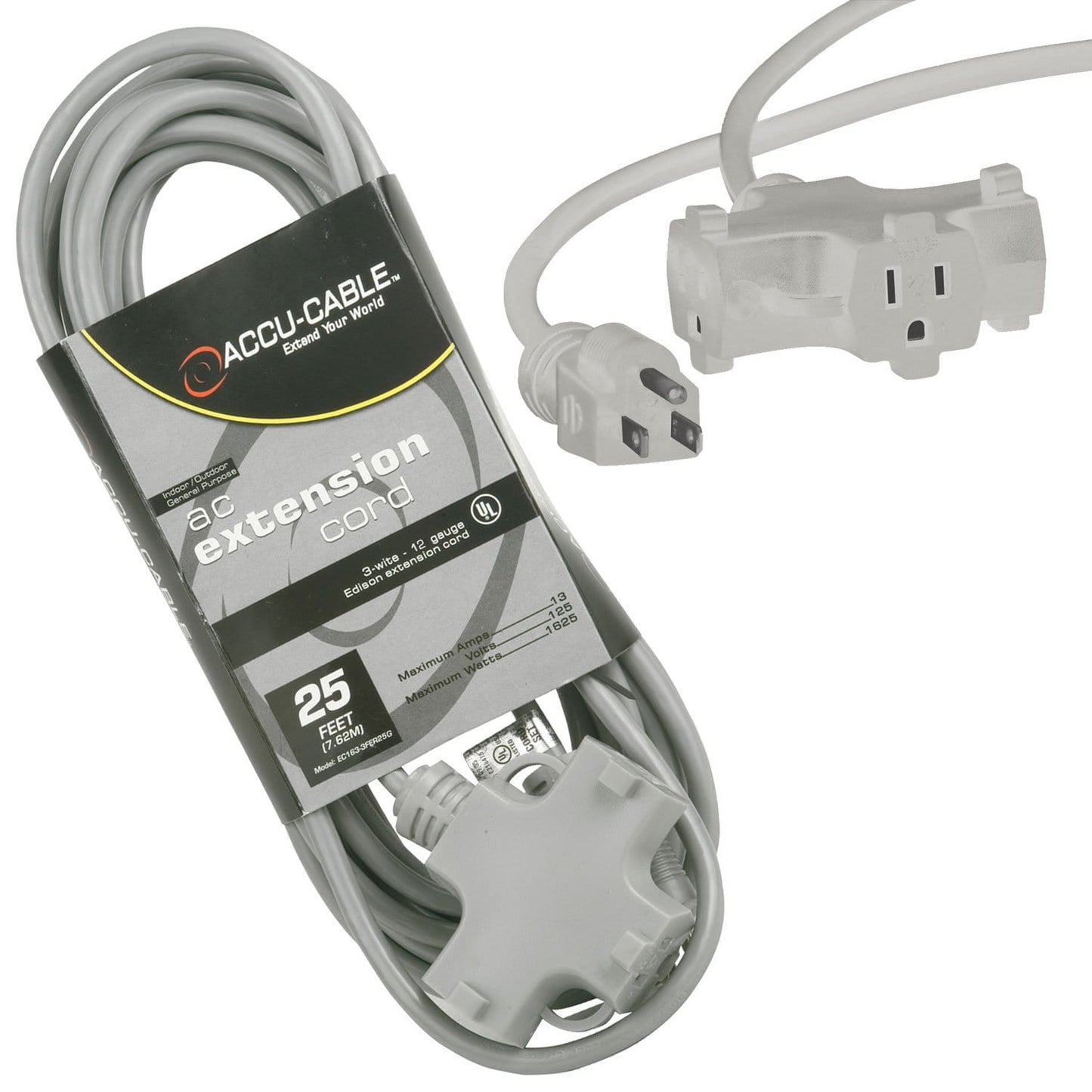 Accu-Cable 25 FT Triple Tap Gray Extension Cord 12 Guage - ProSound and Stage Lighting