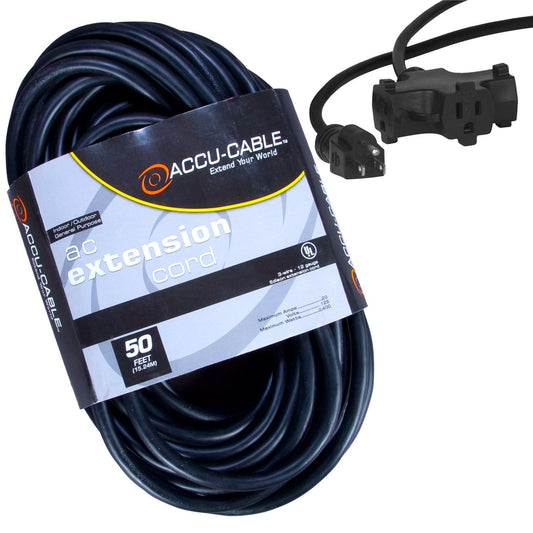 Accu-Cable EC-123-3FER50 50 Ft Triple Tap Extension Cord 12AWG - ProSound and Stage Lighting