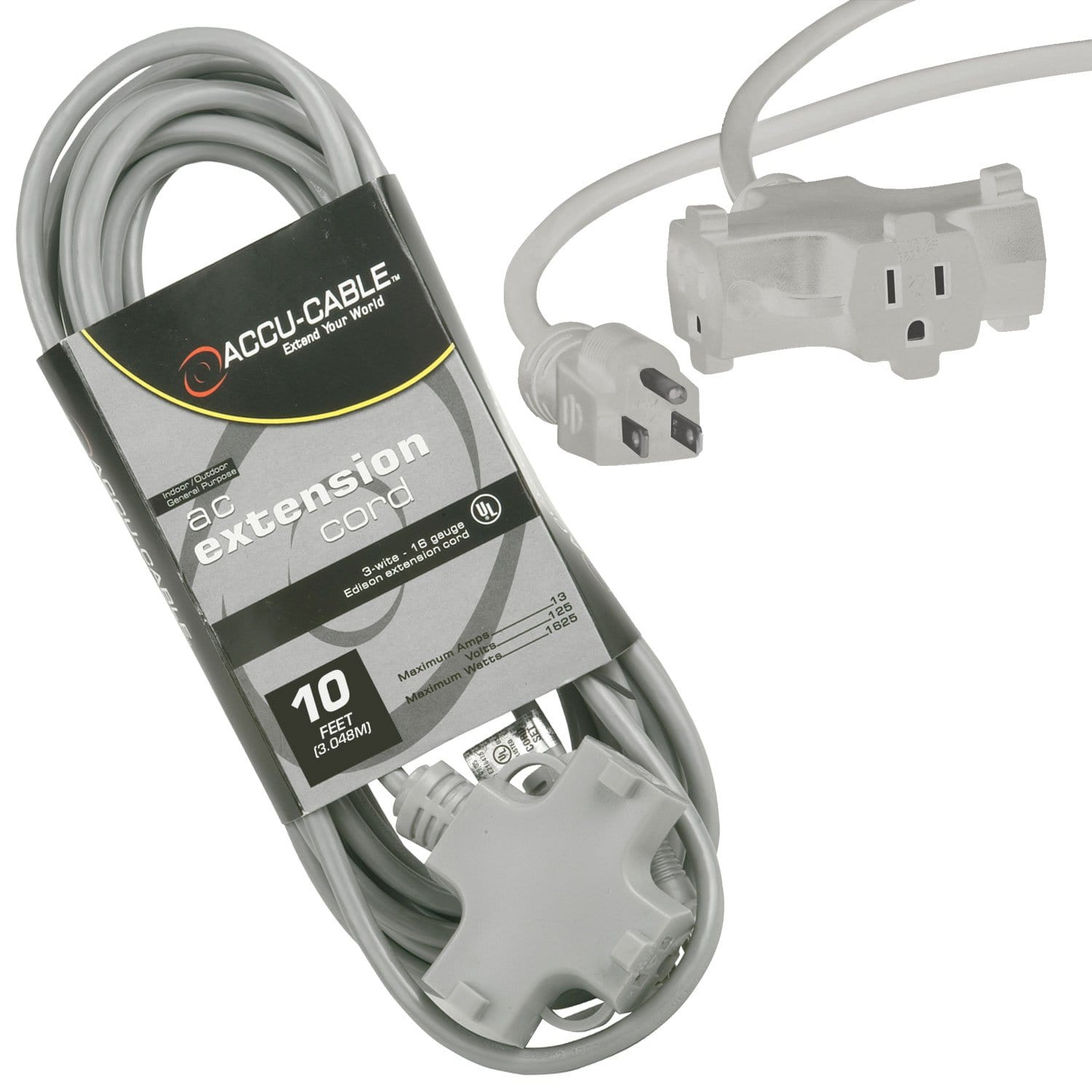 AccuCable 10Ft Triple Tap Extension Cord 16 Guage - ProSound and Stage Lighting