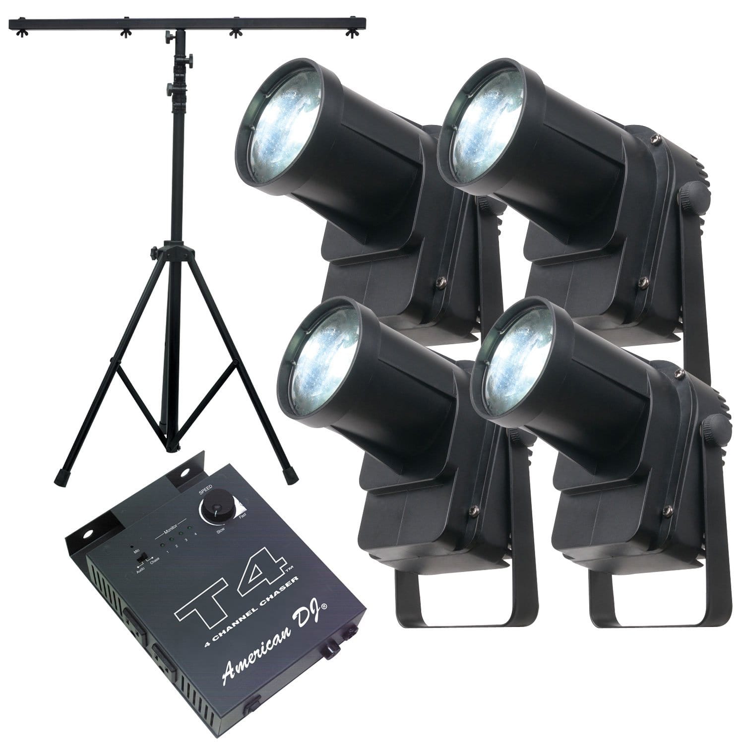 Eliminator Mini Spot LED Light 4-Pack with Stand & Chase Controller - PSSL ProSound and Stage Lighting