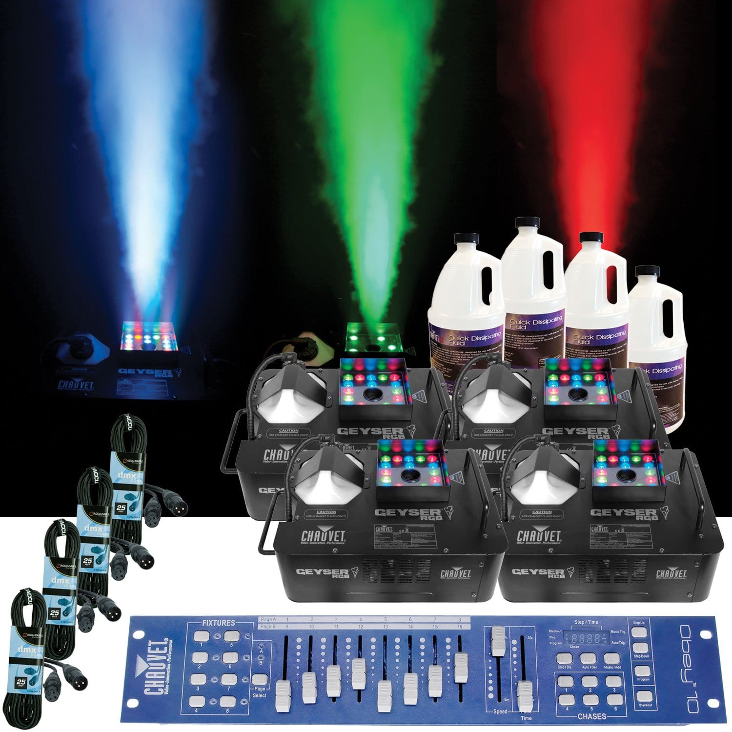 Chauvet Geyser LED Light & Fog 4-Pk with Controller - PSSL ProSound and Stage Lighting