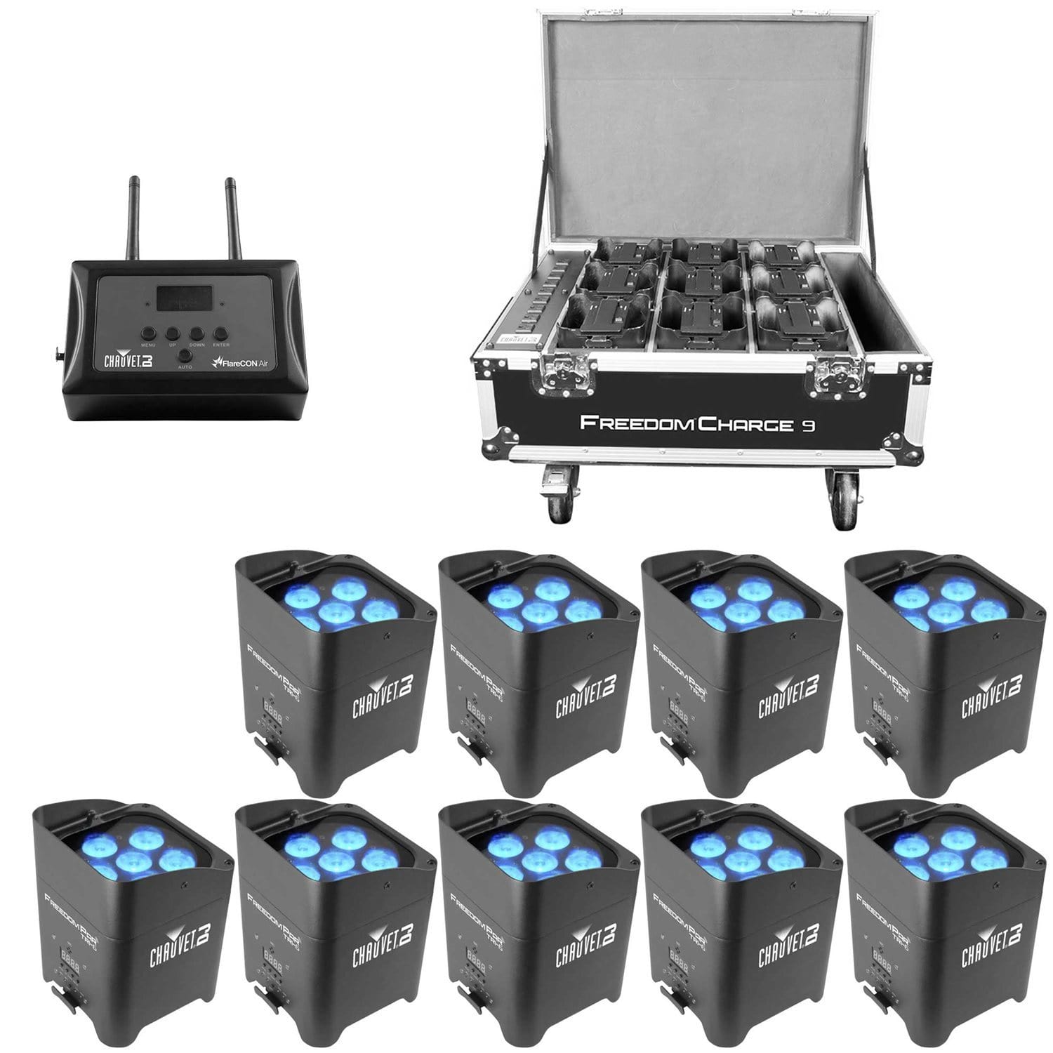 Chauvet Freedom Par TRI-6 Wash Light 9-Pack with FlareCON Air Transmitter & Case - PSSL ProSound and Stage Lighting