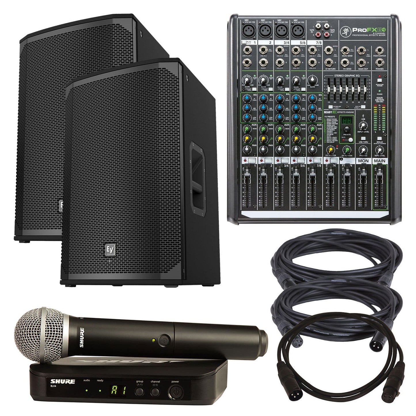 Electro-Voice EKX-15P Speakers (2) with Shure BLX24-PG58 & Mackie ProFX8v2 - PSSL ProSound and Stage Lighting