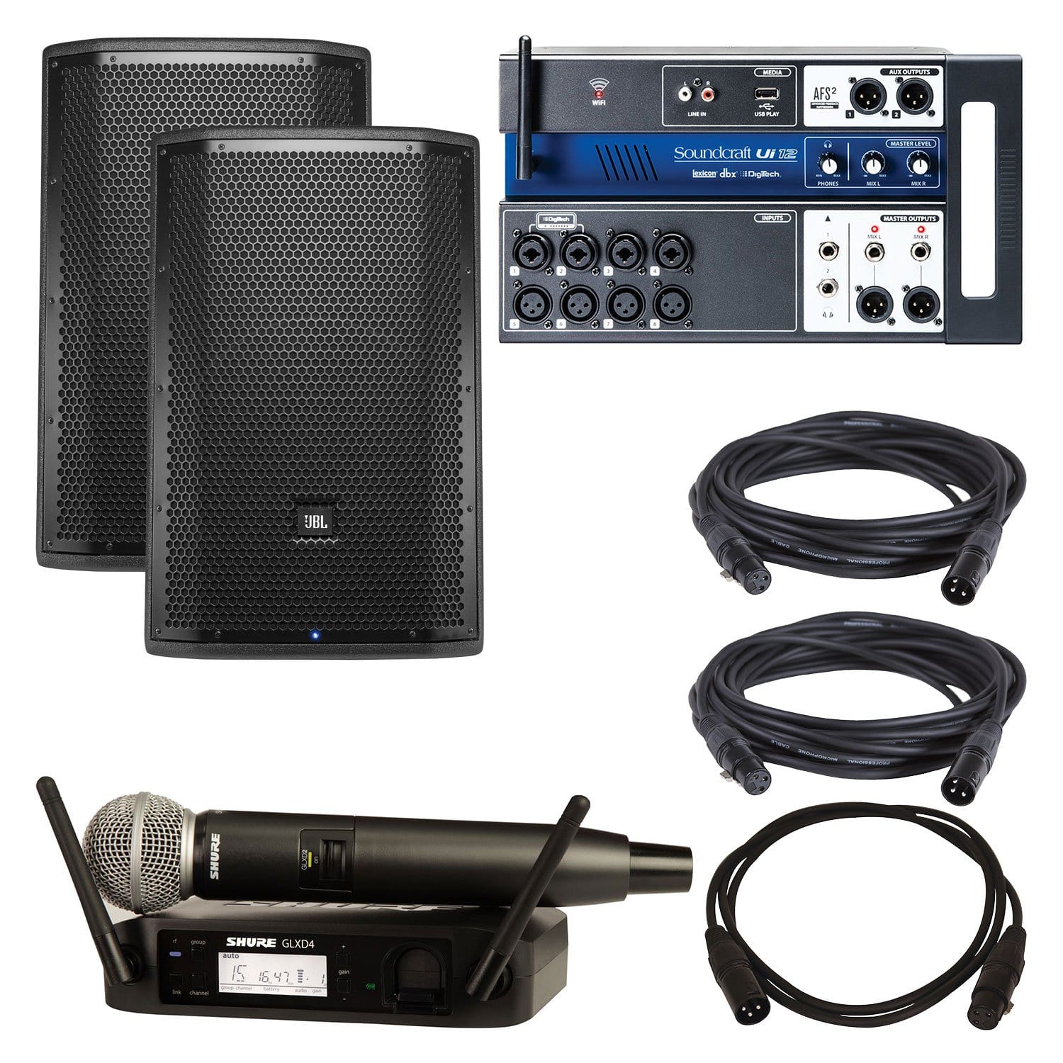 JBL PRX812W Speakers (2) & Soundcraft Ui12 Mixer with Shure GLXD24-SM58 - PSSL ProSound and Stage Lighting