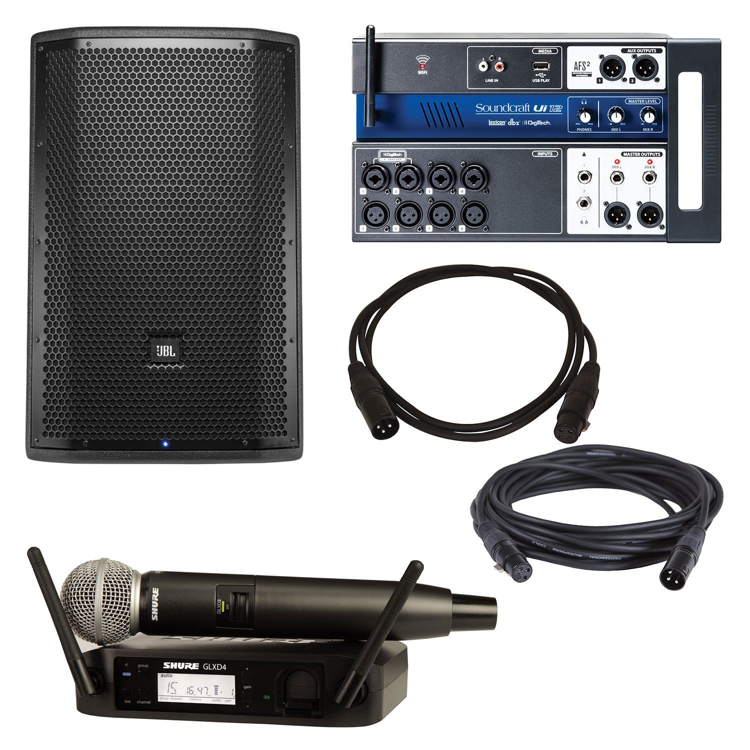 JBL PRX815W Speaker & Soundcraft Ui12 Mixer with Shure GLXD24-SM58 - PSSL ProSound and Stage Lighting