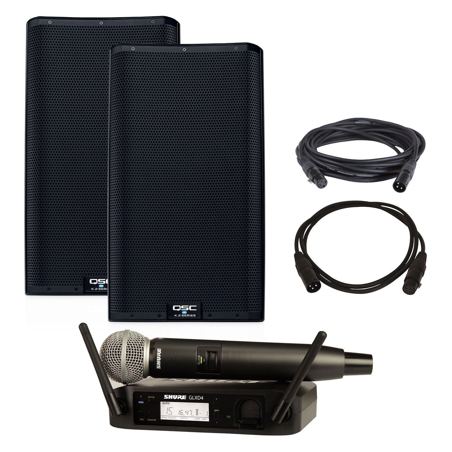 QSC K12.2 Powered Speaker Pair with Shure GLXD24-SM58 Wireless Mic - PSSL ProSound and Stage Lighting