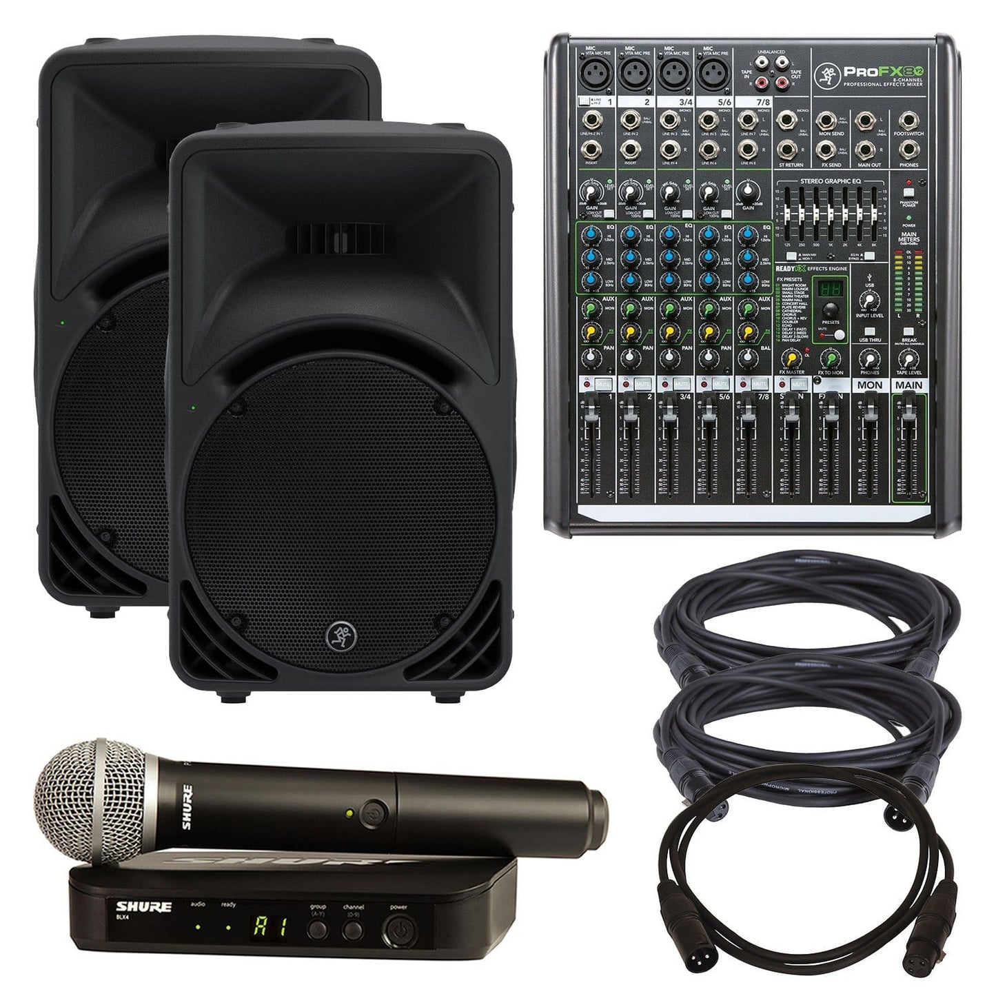 Mackie SRM450v3 Powered Speaker Pair with Mixer & BLX24-PG58 Wireless Mic System - PSSL ProSound and Stage Lighting