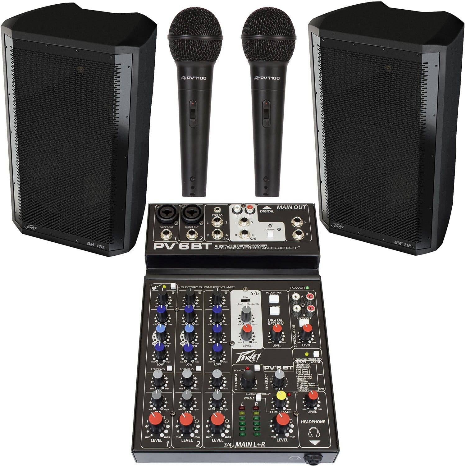 Peavey DM112 12-inch Powered Speakers with PV6BT Mixer & PVi 100 Mics - PSSL ProSound and Stage Lighting