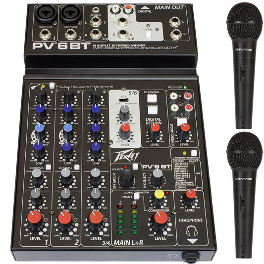 Peavey PV-6BT 4-Channel Bluetooth Mixer & (2) PVi 100 Mics - PSSL ProSound and Stage Lighting