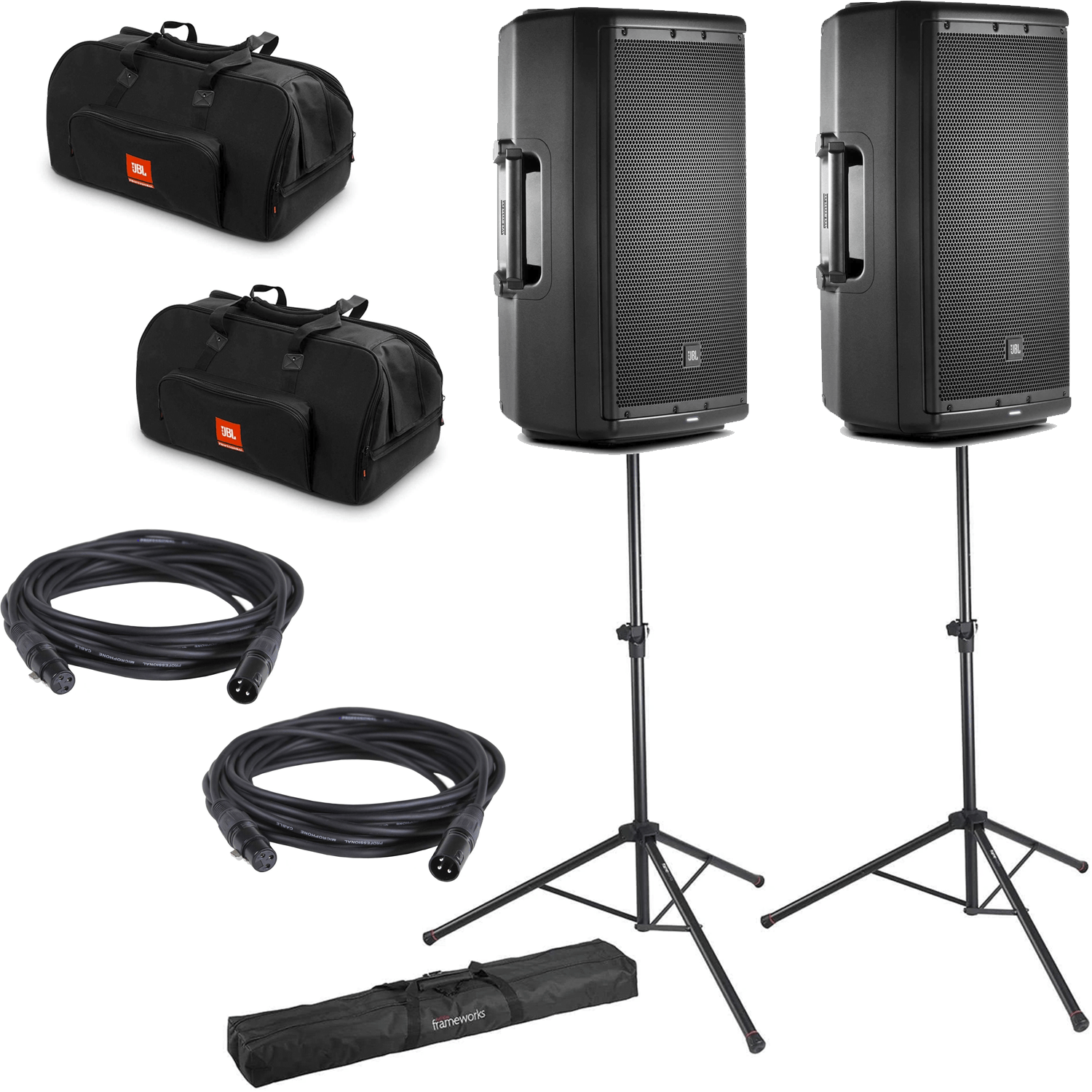 JBL Pro EON612 12-Inch Powered Speakers with Totes & Gator Stands - PSSL ProSound and Stage Lighting