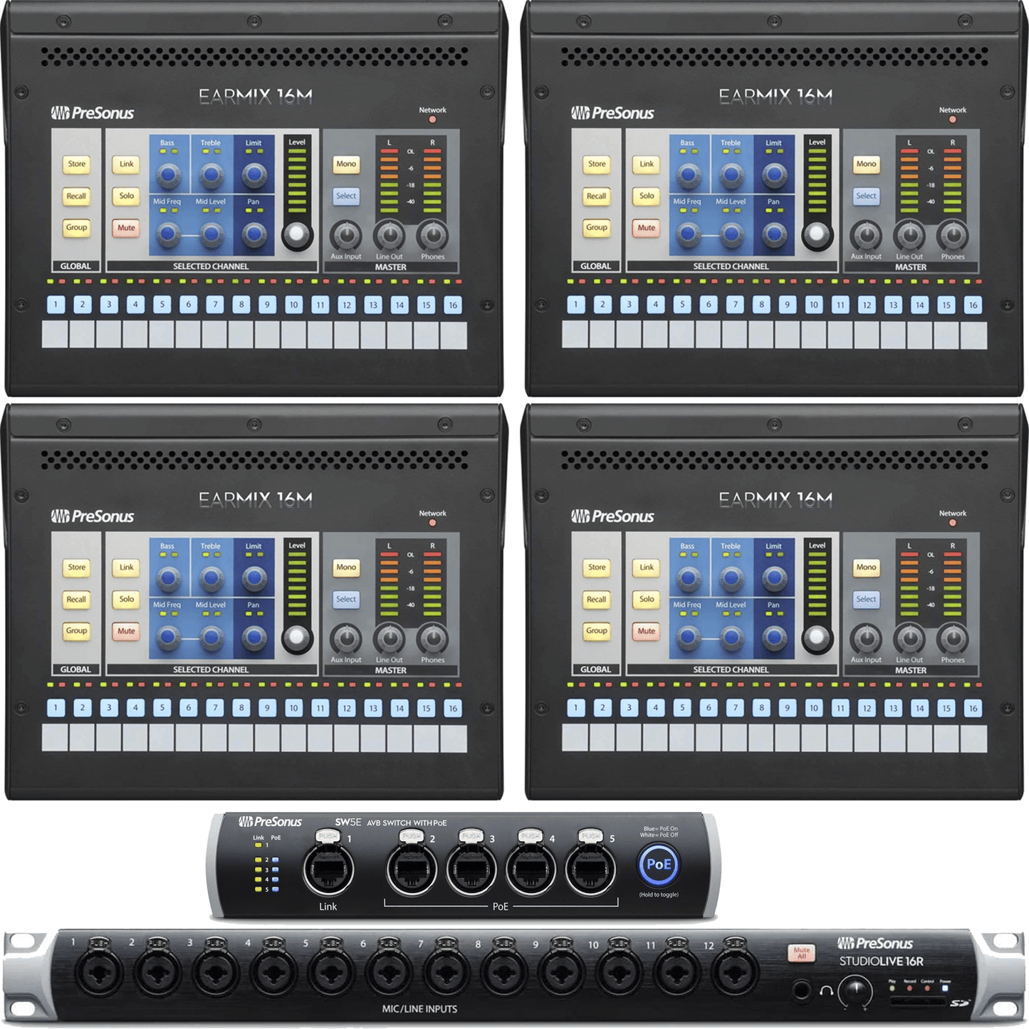 PreSonus StudioLive 16R Mixer & EarMix 16M Monitor Mixer 4-Pack - PSSL ProSound and Stage Lighting