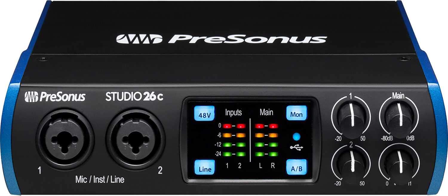 PreSonus Studio 26c 2x4 192 kHz USB Audio Interface Bundle with Studio One  Artist Software Blucoil 10-FT Balanced XLR Cable 2x Straight Instrument 